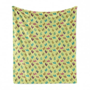Flip Flop Soft Flannel Fleece Throw Blanket, Colorful Slippers on Sandy Beach with Various Pattern of Polka Dots and Floral, Cozy Plush for Indoor and Outdoor Use, 70" x 90", Multicolor, by Ambesonne