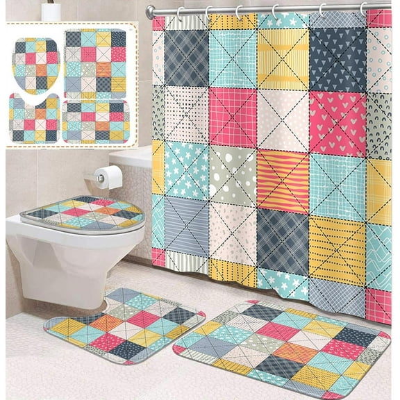 4 Pcs Bathroom Sets with Shower Curtain and Rugs, Rainbow Unicorn Heart Kids, Bathroom Decor Happy Horse Cute Funny Shower Curtain Sets for Bathroom Decor