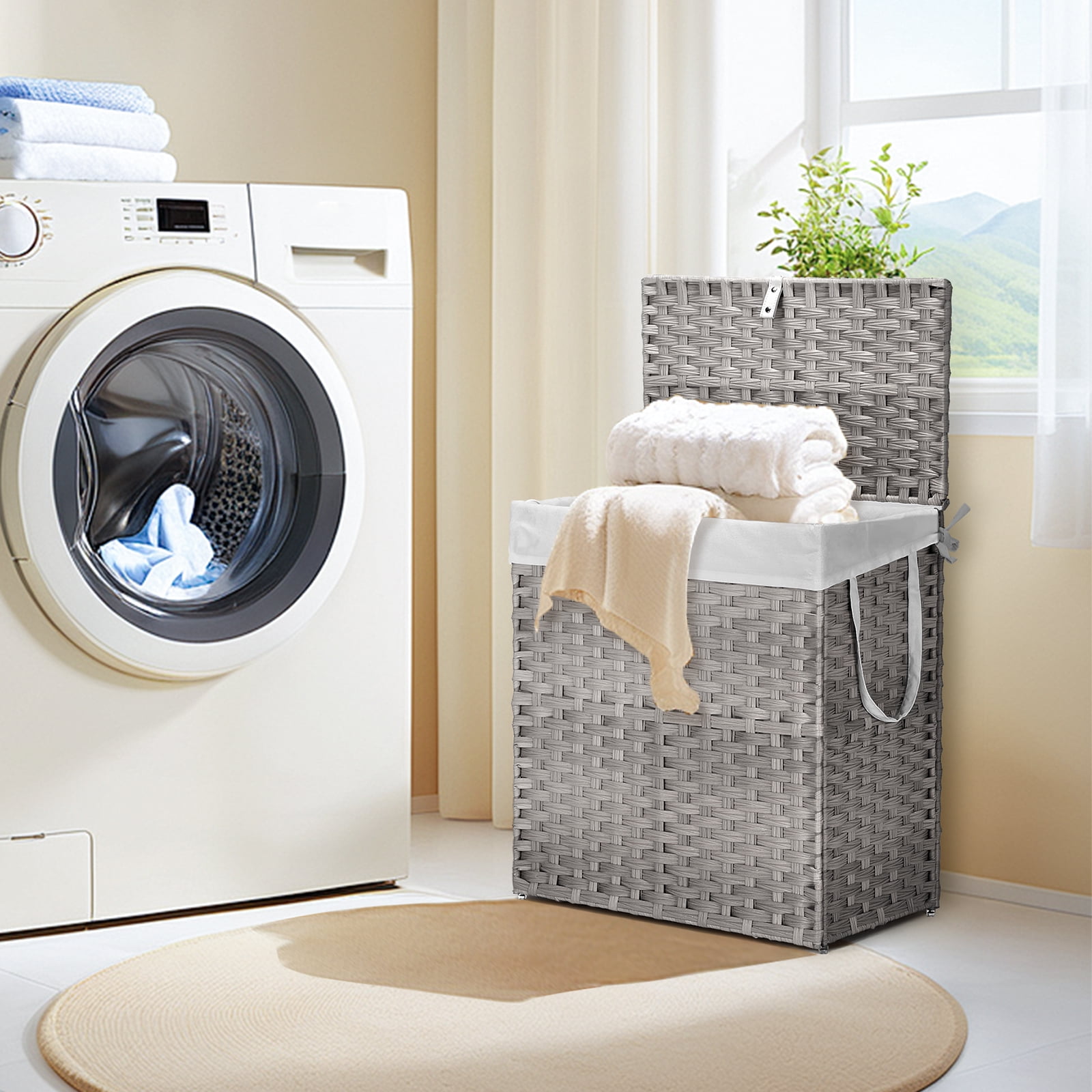 GIANNA Laundry Hamper with Lid, 110L Synthetic Rattan Clothes Laundry Basket with Lid and Handles, Foldable, Removable Liner