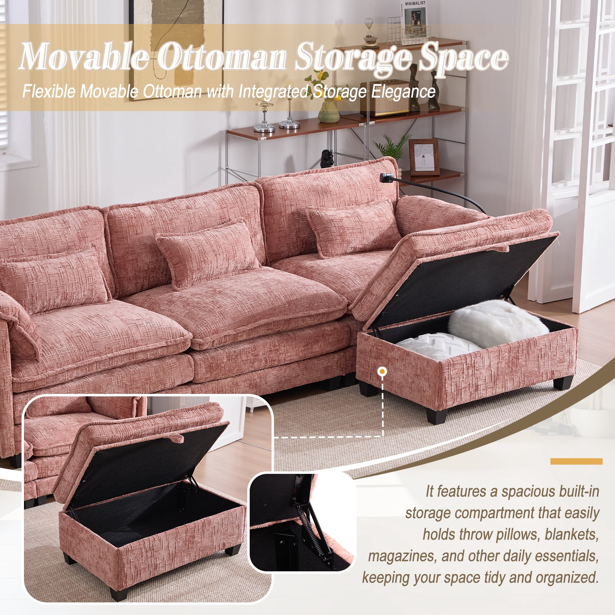 MOONMISS 112" Oversized Sectional Sofa Cloud Couch for Living Room, Modern Chenille L Shaped Couch, Comfy Boucle Modular Sofa Sleeper with Movable Storage Ottoman, Phone Holder, USB Charging Port