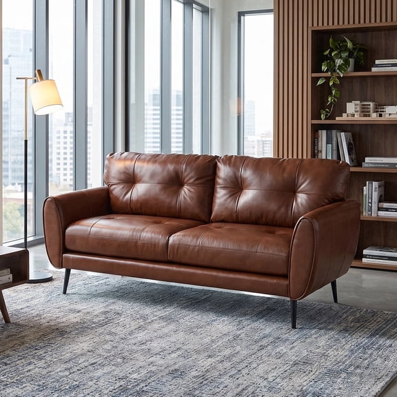 LAZZO 61“ Faux Leather Loveseat Sofa, Tufted Mid-Century Modern 2-Seater Couch for Living Room, Office or Bedroom, Brown
