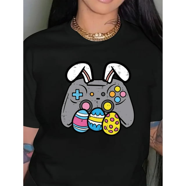 Women's Easter Bunny & Eggs Graphic T-Shirt - Soft, Lightweight Polyester Blend, Casual Crew Neck Short Sleeve Tee with Game Controller Design, Perfect for Spring Outfits Tee For Adult, Men, Women, T