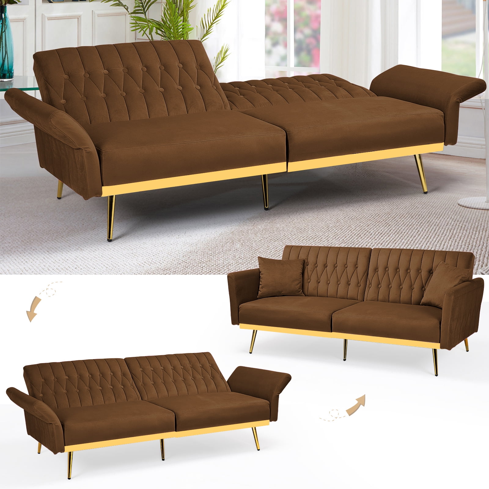 ACMEASE 70” Velvet Futon Sofa Bed with Adjustable Armrests and 2 Pillows, Convertible Futon Couch, Brown