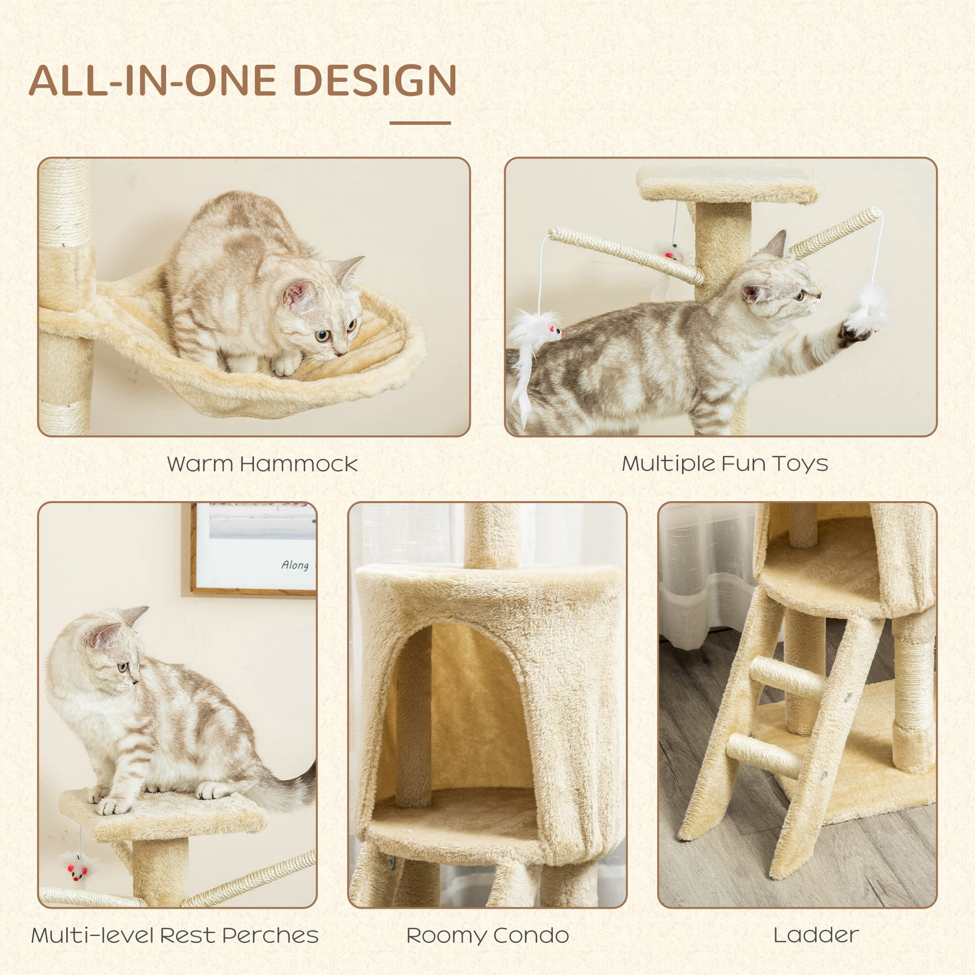 53" Interactive Cat Condo Tower Scratching Post Activity Tree House Plush Sturdy Cat Tree- Beige