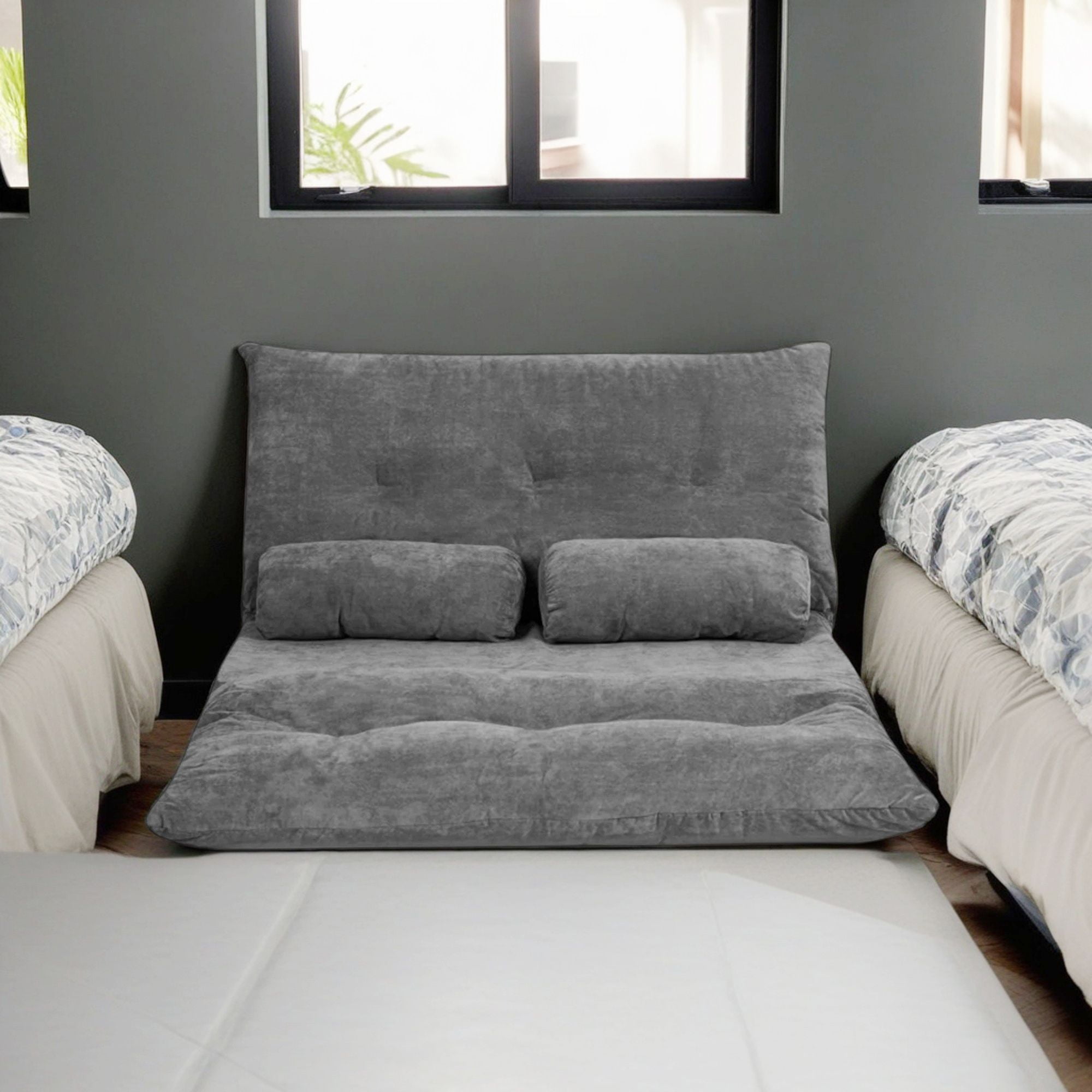 Demi Bonn 6-Position Adjustable Floor Sofa Couch, Foldable Lazy Sofa Sleeper Bed, Multi-Functional Loveseat, Sleeper Lounge Couch with 2 Pillows, for Reading, Gaming, Grey