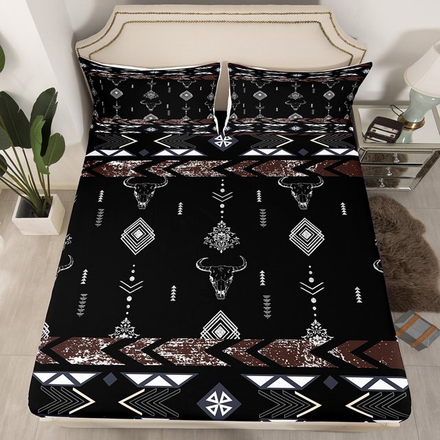 Erosebridal Tribal Aztec Fitted Sheet Set Full, Sheep Skull Fitted Sheet Full, Triangle Geometric Decor 3pcs