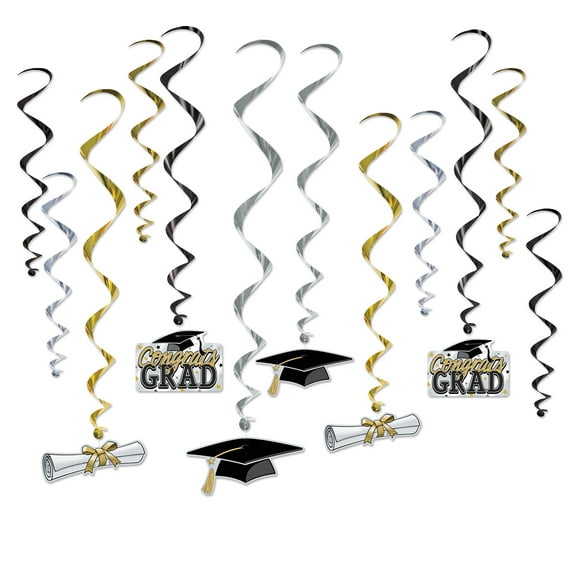 Party Central Club Pack of 72 Black and Gold Graduation Whirls 28"