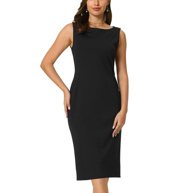 Vestido formal sin mangas de midi con cuello barco para mujeres INSPIRE CHIC, negro, talla L