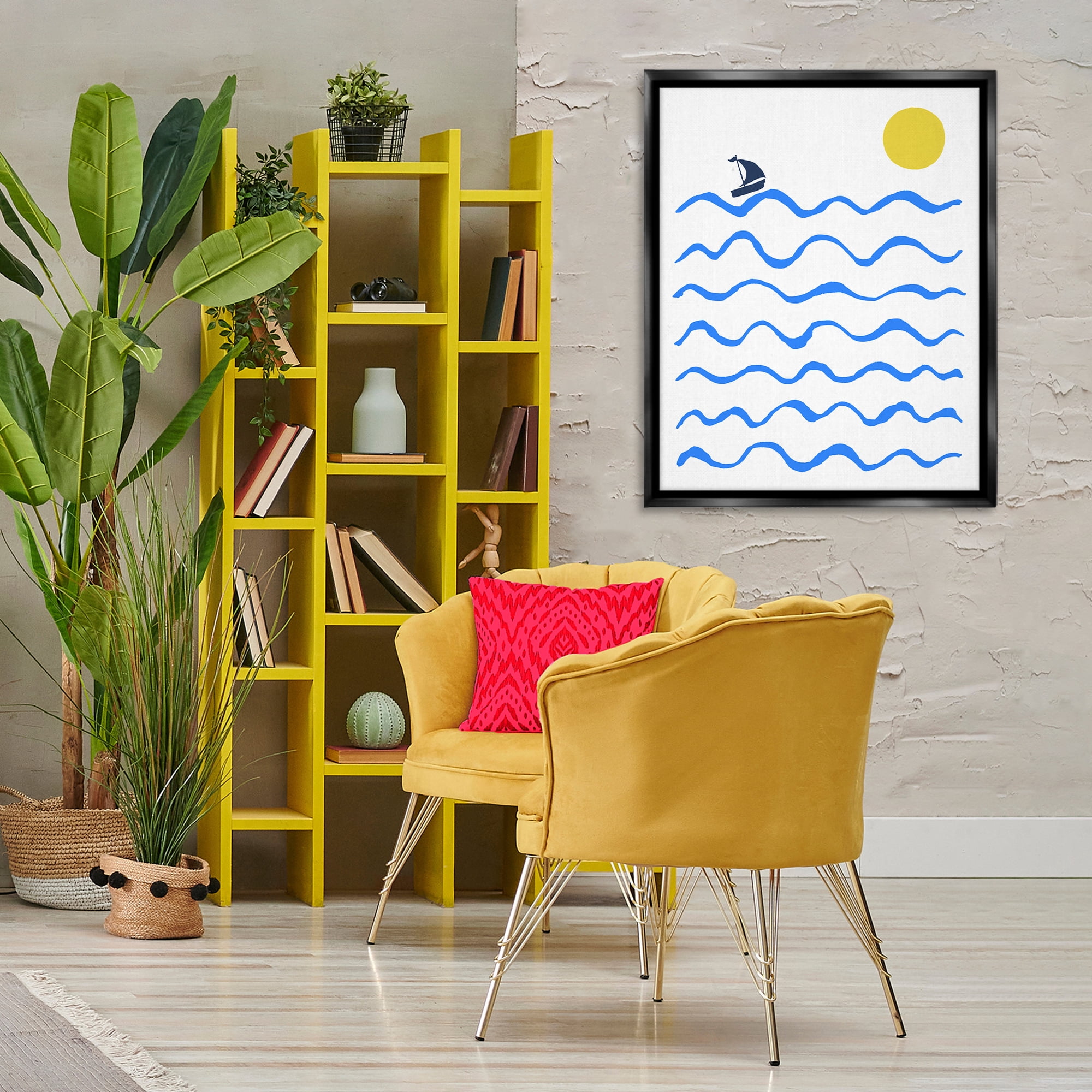 Stupell Industries Blue Waves & Sailboat Doodle Nautical & Beach Painting Black Floater Framed Canvas Art Print Wall Art, 25 x 31