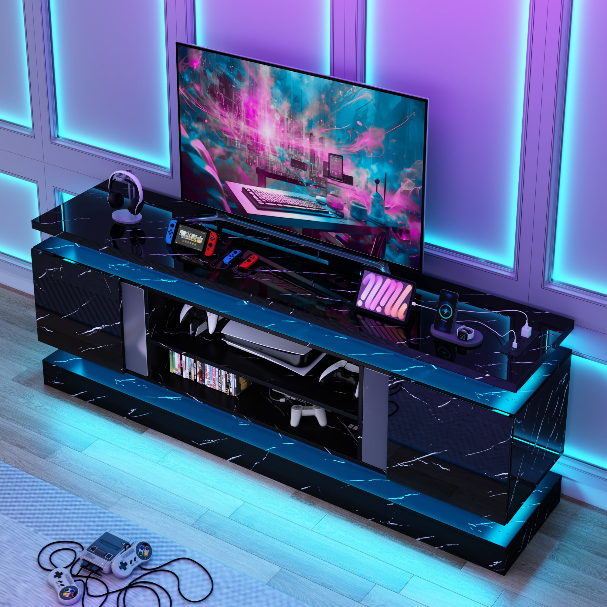 Blotout 71" TV Stand with LED Lights & Power Outlet for 85/80/75 Inch TV, Modern Gaming Entertainment Center with High Gloss Cabinet, Media TV Console for Living Room (Marble)