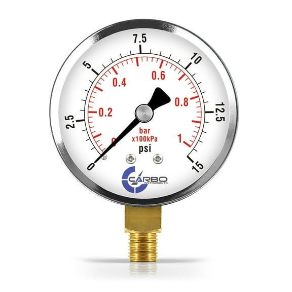 CARBO Instruments 2- 1/2" Pressure Gauge, Chrome Plated Steel Case, Dry, 0-15 psi/kPa, Lower Mount 1/4" NPT