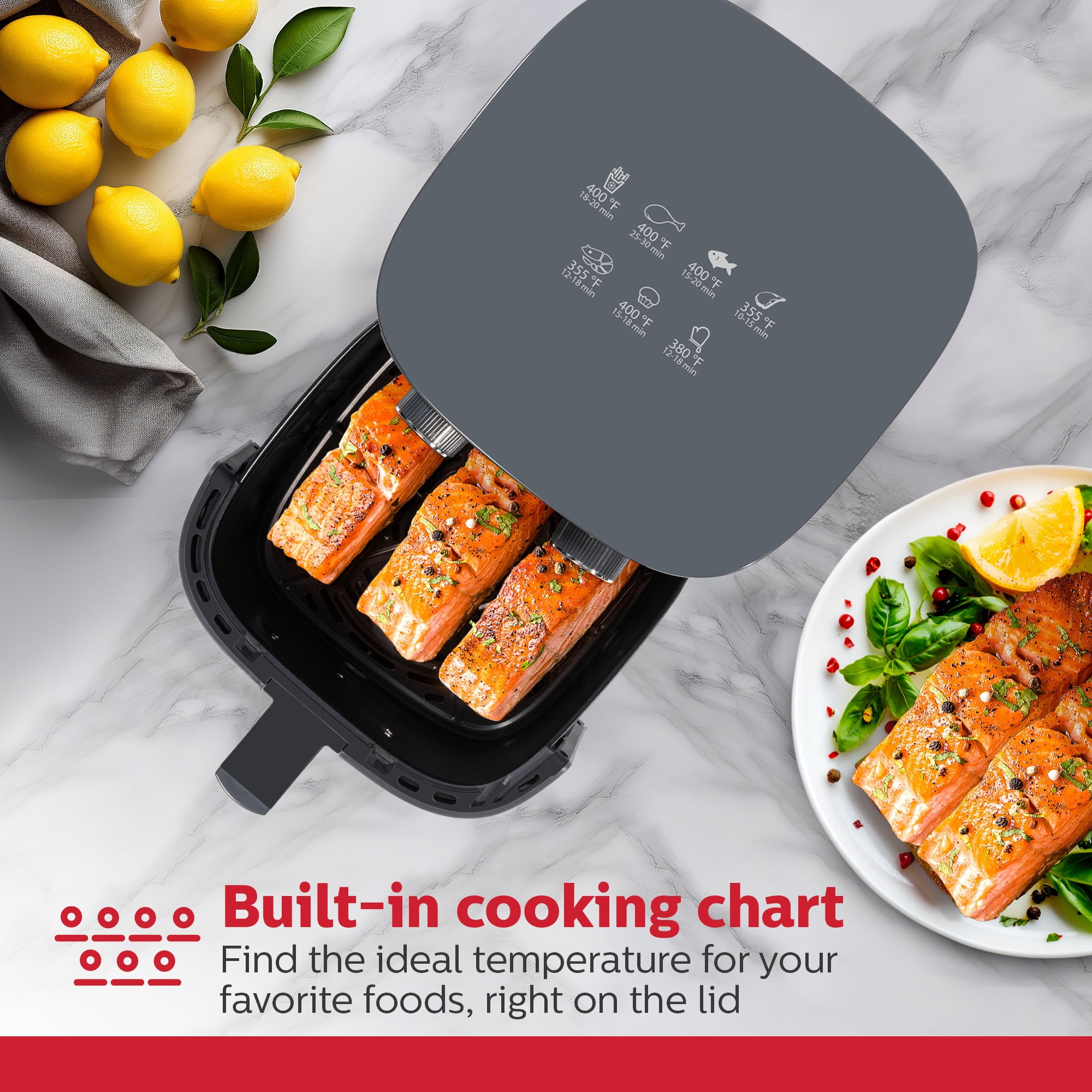 Holstein Housewares 4.4QT Air Fryer. Your All-in-One Culinary Solution. Air fry, roast, bake or grill. Adjustable temperature and time, Hot air technology and Dishwasher Safe, 1400W, Grey