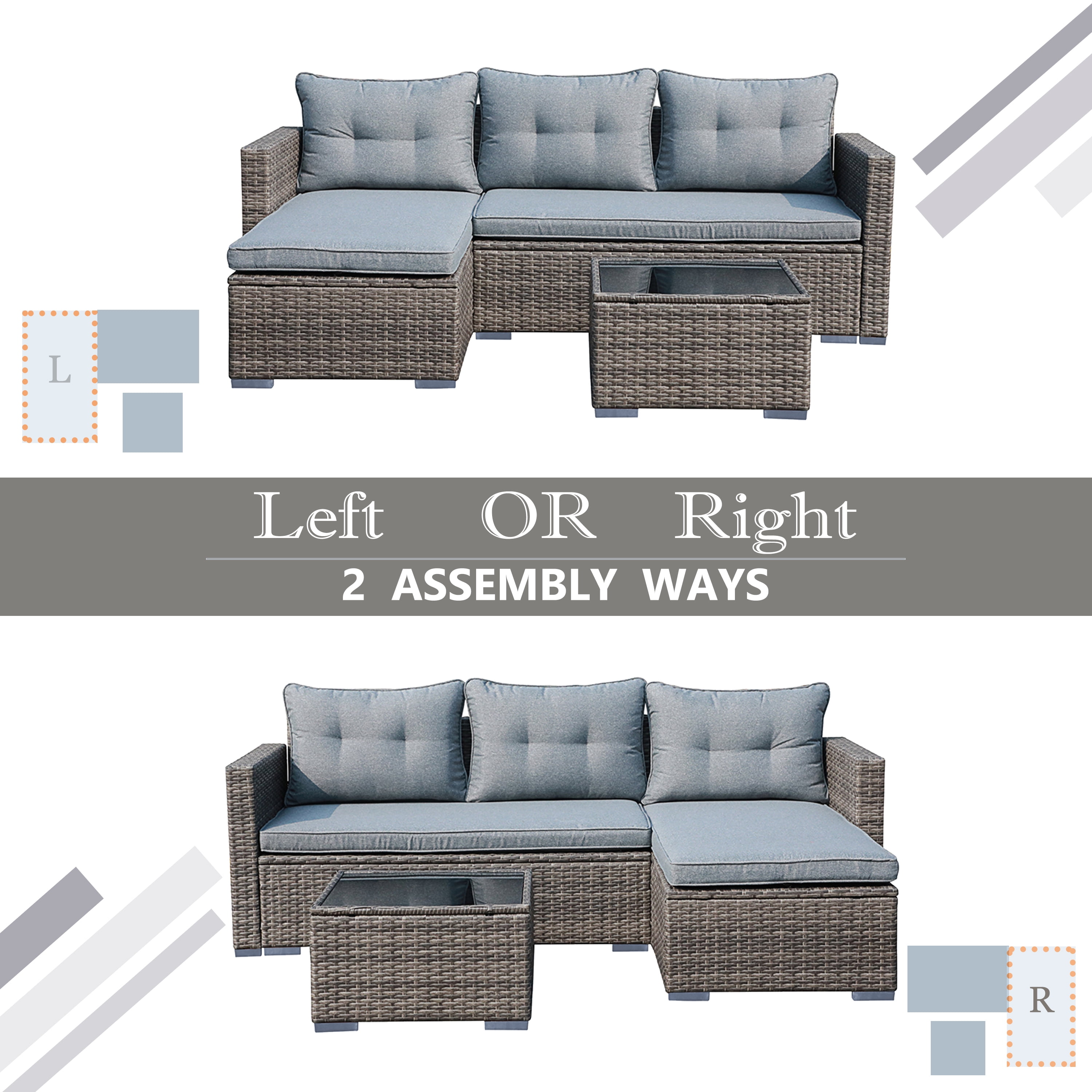 JOIVI 3 Pieces Patio Conversation Set, PE Wicker Rattan Outdoor Furniture Set, 2 Ways Small Sectional Sofa, Tempered Glass Coffee Table, Silver-Gray