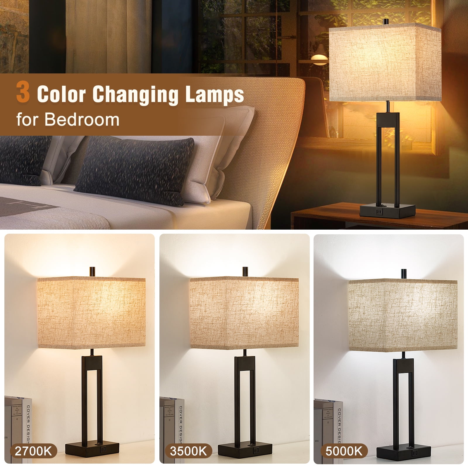 NATYSWAN Modern Table Lamps for Set of 2, USB A+C Charging, 3 Colors Changeable for End Tables, Night Stand Lamps for Bed Side Guest Room Office Reading