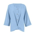 thumbnail image 4 of Inglocry Women's Linen Button Down T Shirts 3/4 Sleeve V Neck Tops Casual Summer Ladies Tees Roll Up Cotton Linen Shirt Light Blue XL, 4 of 6