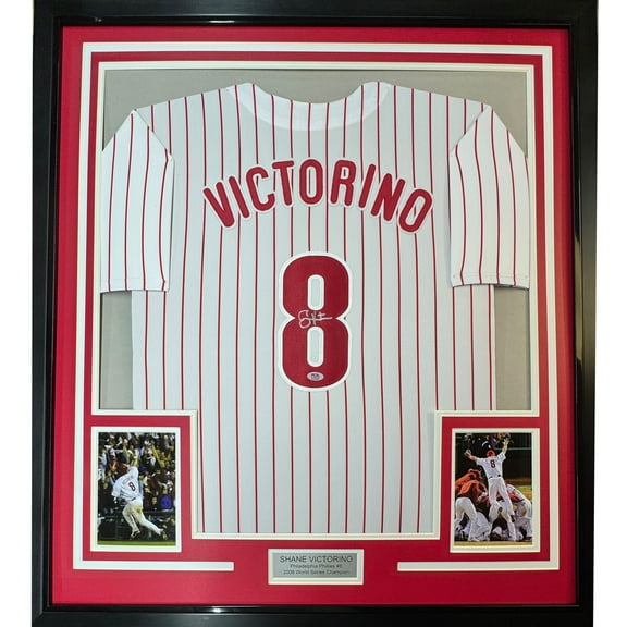 Framed Autographed/Signed Shane Victorino 35x39 Philadelphia Pinstripe Baseball Jersey PSA COA
