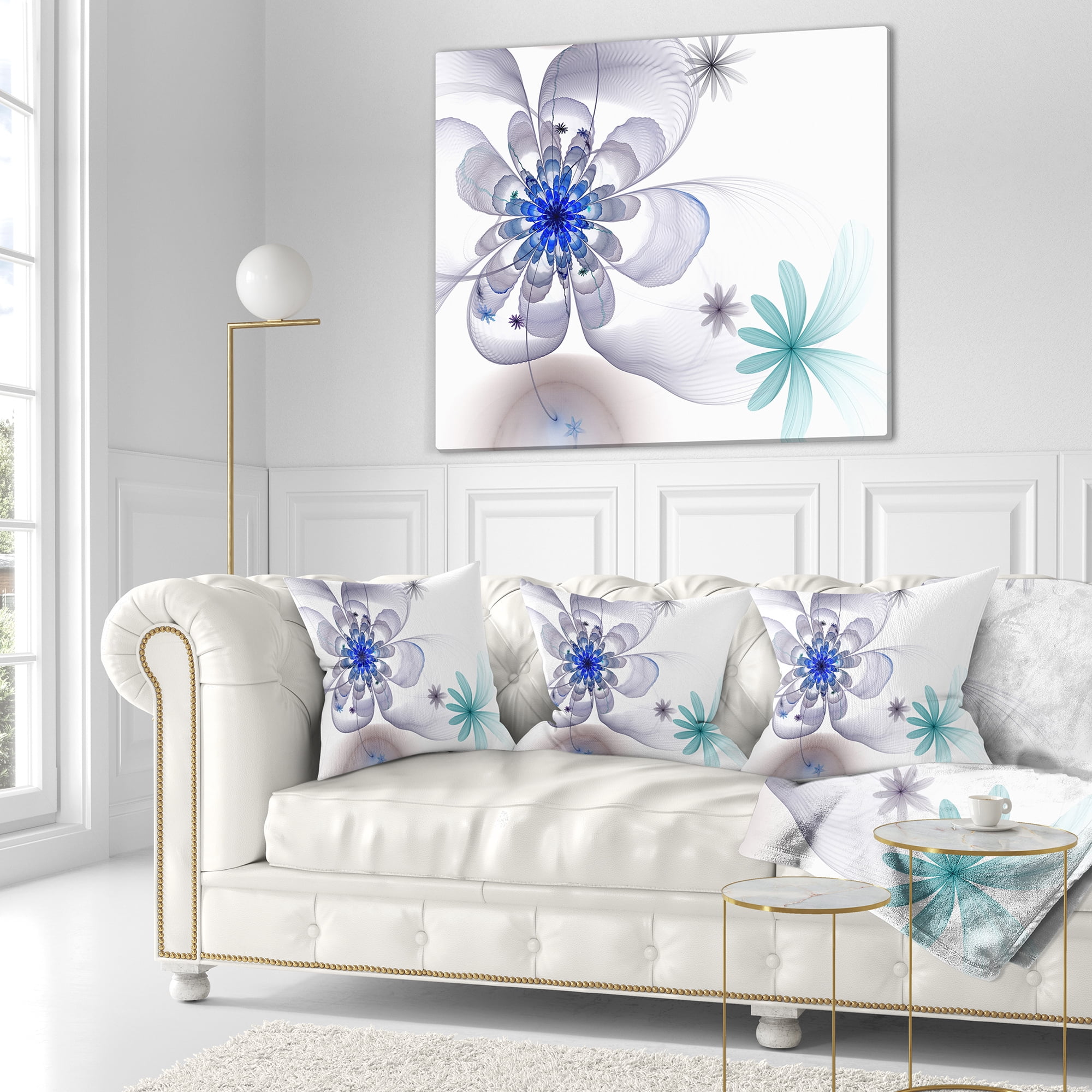 Designart Blue and Grey Symmetrical Fractal Flower - Floral Throw Pillow - 16x16