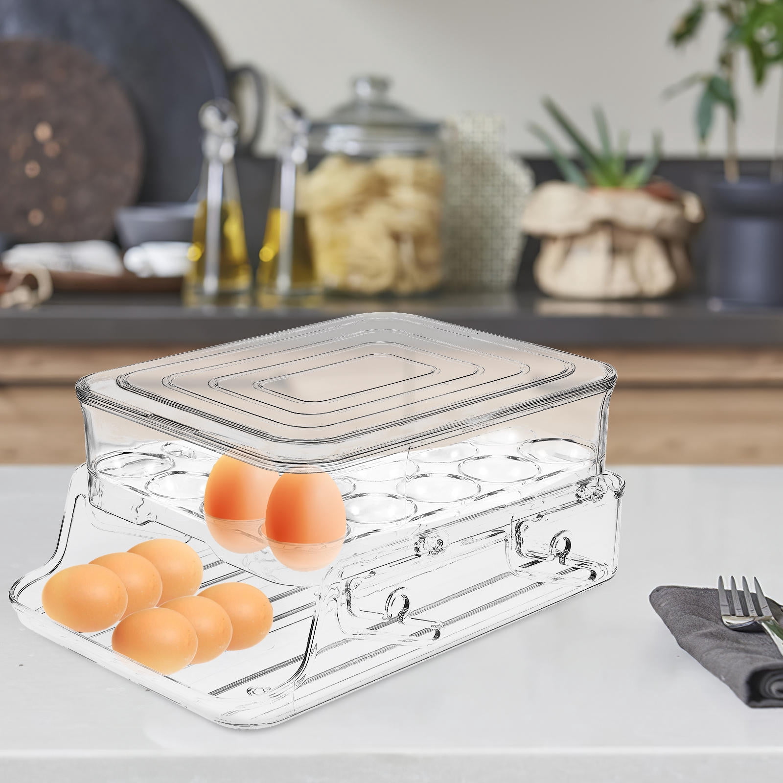 WHAMVOX Transparent Egg Box Refrigerator Egg Holder 2Layer Automatic Rolling Stackable Egg Dispenser with Lid