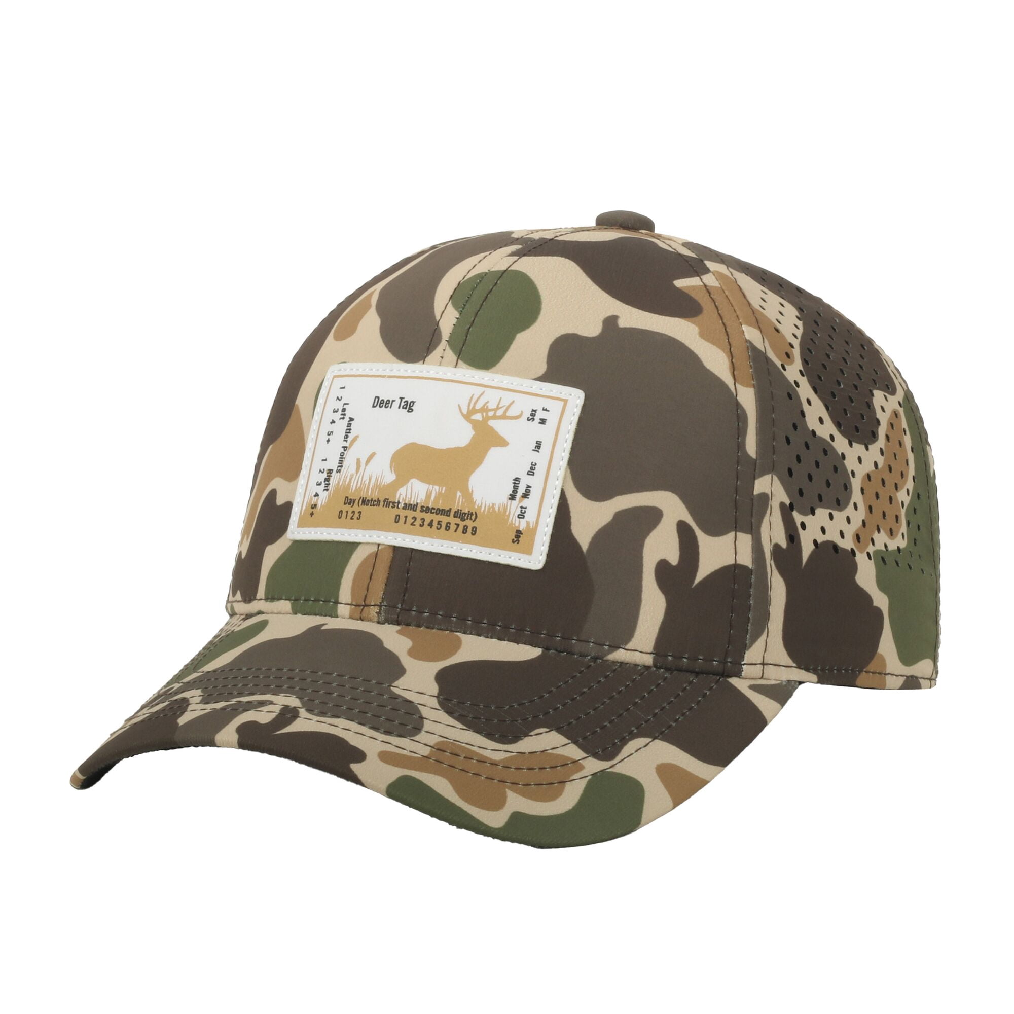 Outdoor Cap Deer Tag 6-Panel Structured Hat – Screen Print Patch, Woodland Camo with Perforated Back, One Size