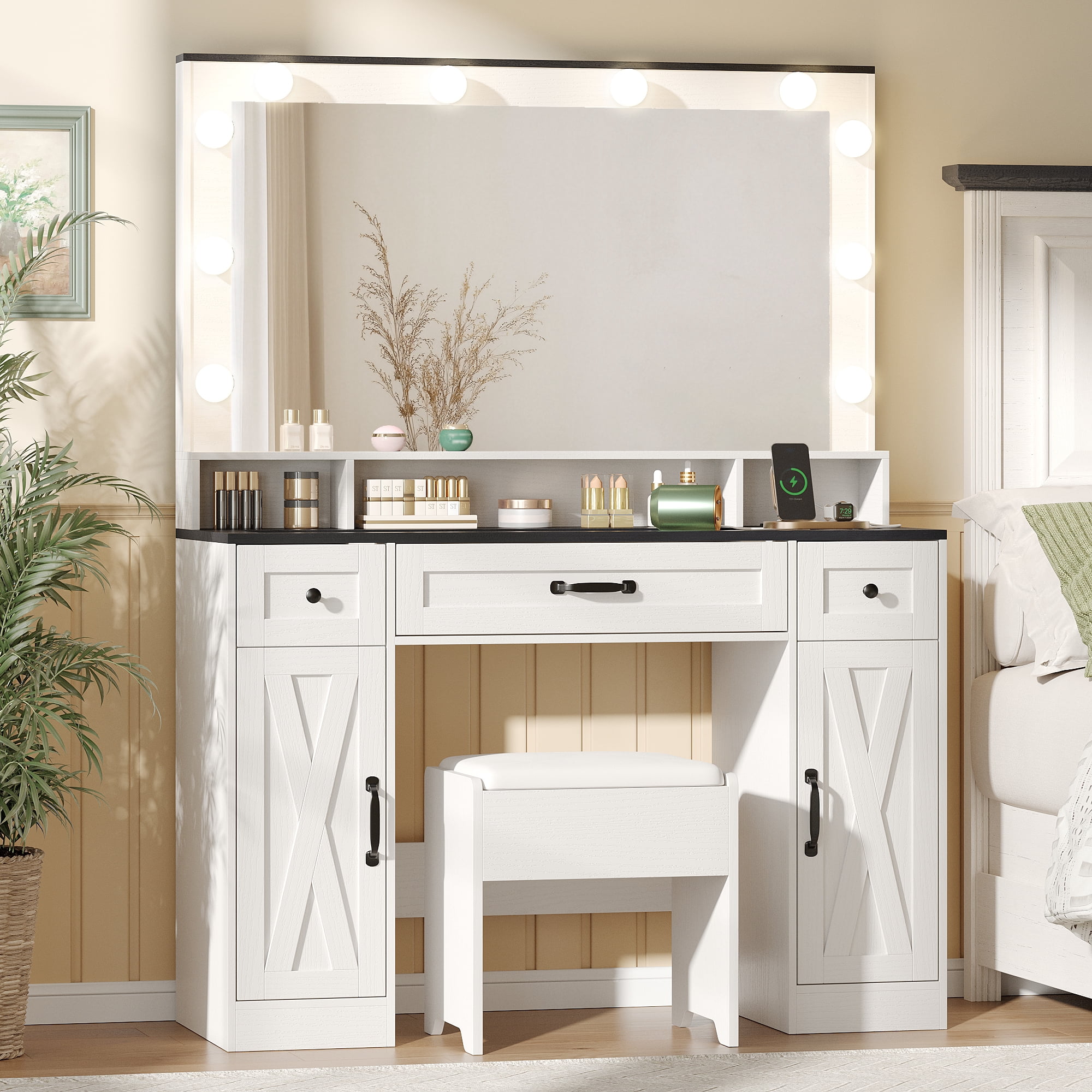 Vabches Farmhouse Vanity Set with Mirror and Lights,Glass Top Makeup Vanity Desk with Chair & Charging Station, White