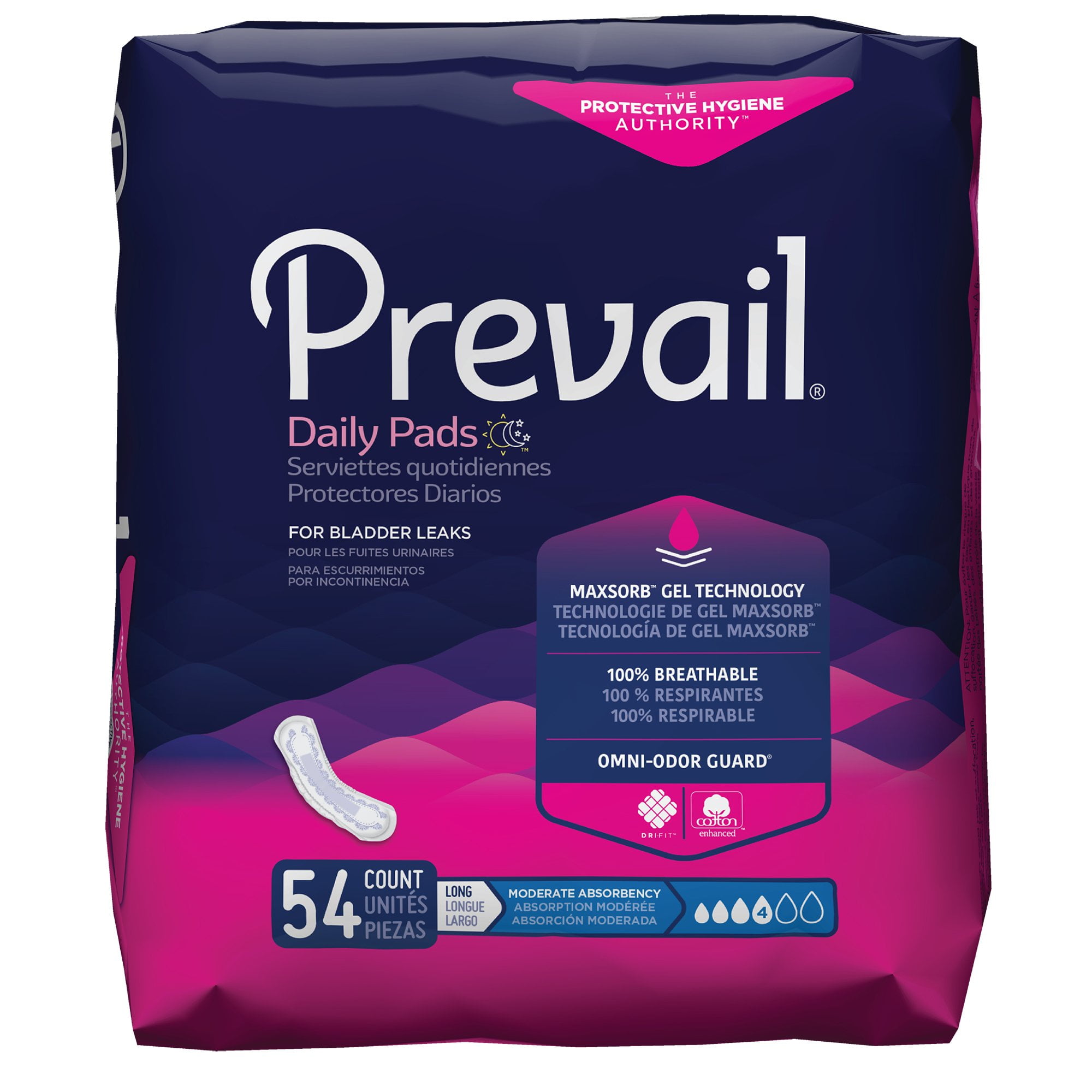 Prevail Daily Pads for Female Incontinence, Long Length, 11" L, 54