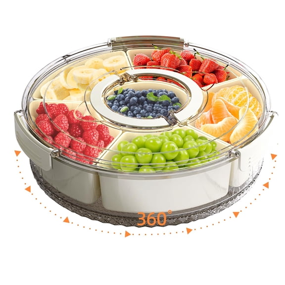 riyeloi Divided Serving Tray with Lid and Handle, Stackable Snackle Box Container for Fruits Candy Organizer, Portable Spinning Rounded Veggie Tray for Kitchen, Party, Trave and Picnic-1 PACK C113