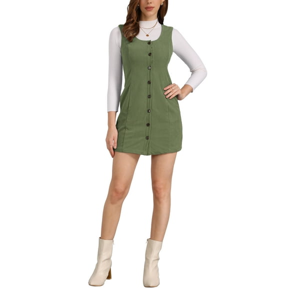 INSPIRE CHIC Women's Suspender Dress Scoop Neck Pinafore Overall Corduroy Casual Dress S Army Green