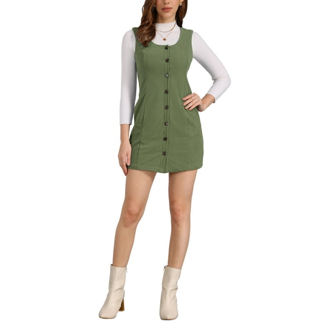 Vestido de tirantes para mujer INSPIRE CHIC, con escote en forma de scoop, vestido tipo pinafore de pana, casual, talla XL, verde ejército