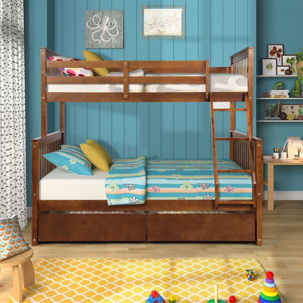 JUMPER Twin Over Full Bunk Bed Wood Frame Bunk Bed w ...