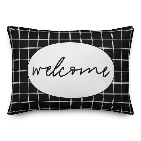 Creative Products Welcome Black and White Drawn Plaid 14x20 Indoor / Outdoor Pillow