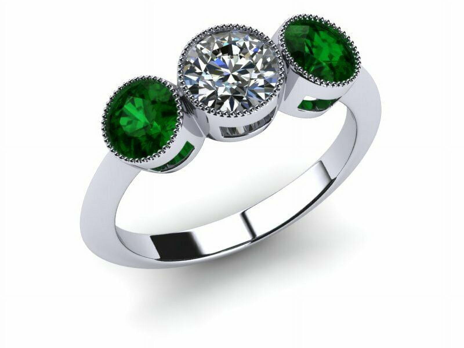 HeartsAndYou 2ct Round Cut Moissanite Emerald Accent 3 Stone Engagement Ring for Women 18k White Gold over Silver Stylish