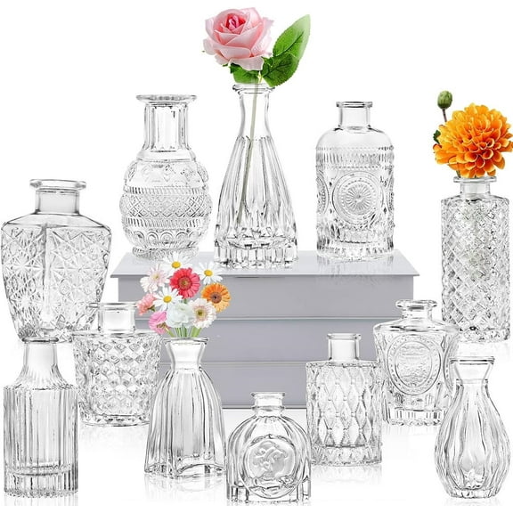 YooYuuk Vintage Etched Glass Bud Vases, Set of 12