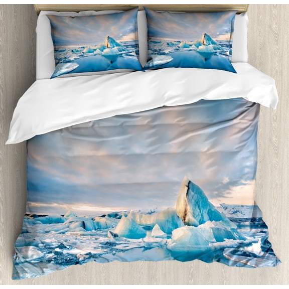 Iceland Duvet Cover Set Queen Size, Icebergs Floating on Jokulsarlon Glacier Lagoon at Sunrise, Decorative 3 Piece Bedding Set with 2 Pillow Shams, Sea Blue Tan, by Ambesonne