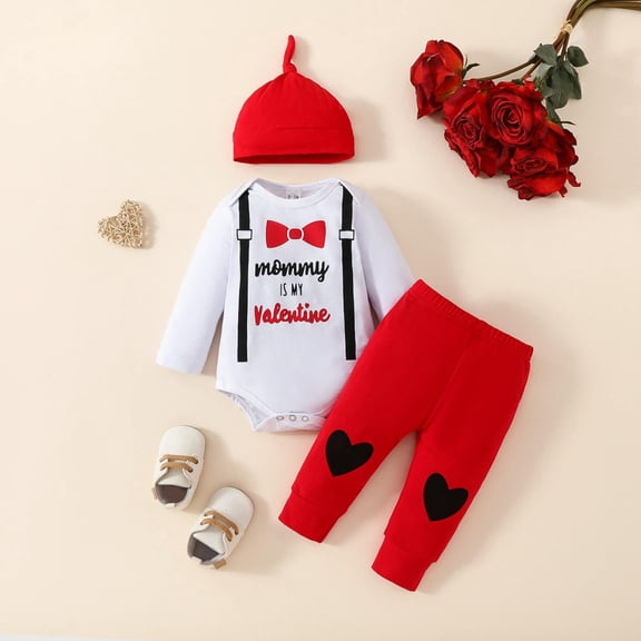 LIJCC Infant Baby Boy Valentine's Outfit Long Sleeve Letters Love Heart Romper Bodysuit Top   Pants   Hat My First Valentines Baby Boy Outfit
