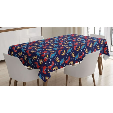 

Dinosaur Tablecloth 3 Different Cartoon Dinosaurs Funny Expressions and Bones Theme Rectangle Satin Table Cover Accent for Dining Room and Kitchen 60 X 90 Navy Blue Orange Red by Ambesonne