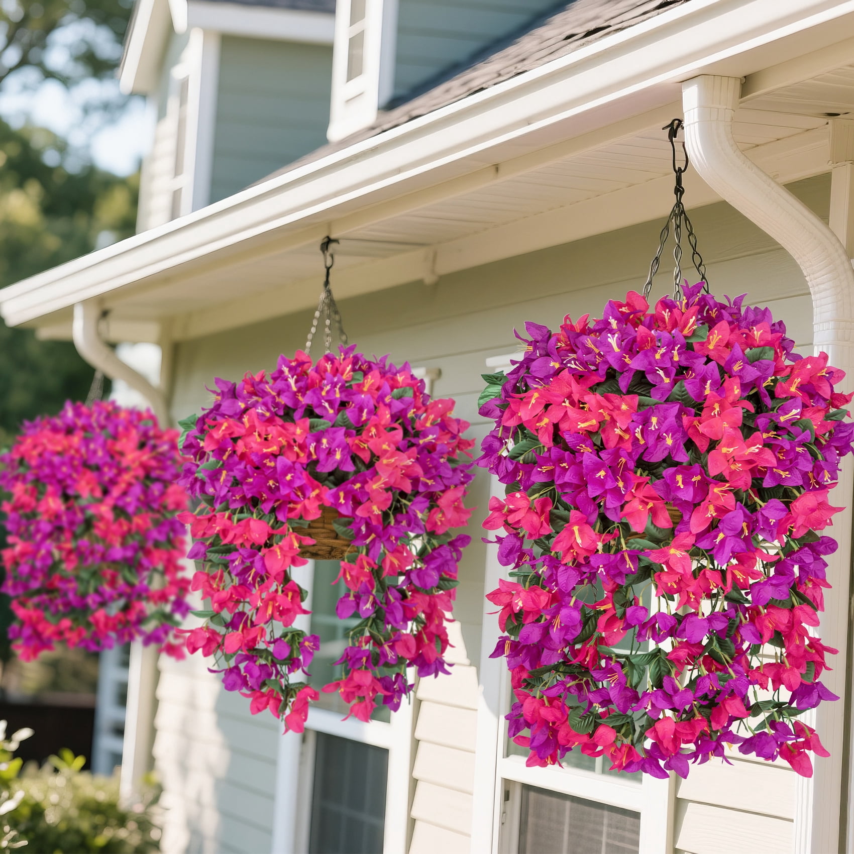 Scidweet Artificial Bougainvillea Flowers for Outdoors, 4 Pcs Faux Silk Hanging Flowers Long Trailing Fake Vines for Front Door Porch Yard Balcony Patio Summer Spring Home Decor, Red Purple