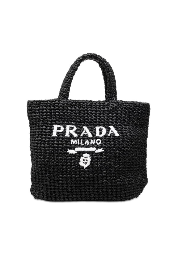 Pre-Owned Prada Crochet Triangle Logo Plate Tote Bag Handbag Black Viscose Women's PRADA