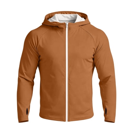 Full-Zip Men s Lightweight Thumb Hole Hoodie UPF 50 Breathable Sun Protection Jacket with Pockets for Golf Fishing Hiking Light Brown 2XL