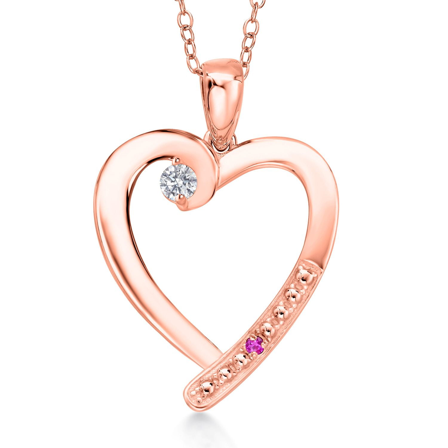 Gem Stone King 18K Rose Gold Plated Silver Lab Grown Diamond and Pink Sapphire Heart Pendant Necklace for Women | 0.19 Cttw | Gemstone April Birthstone | Round 3.5MM | With 18 inch Chain