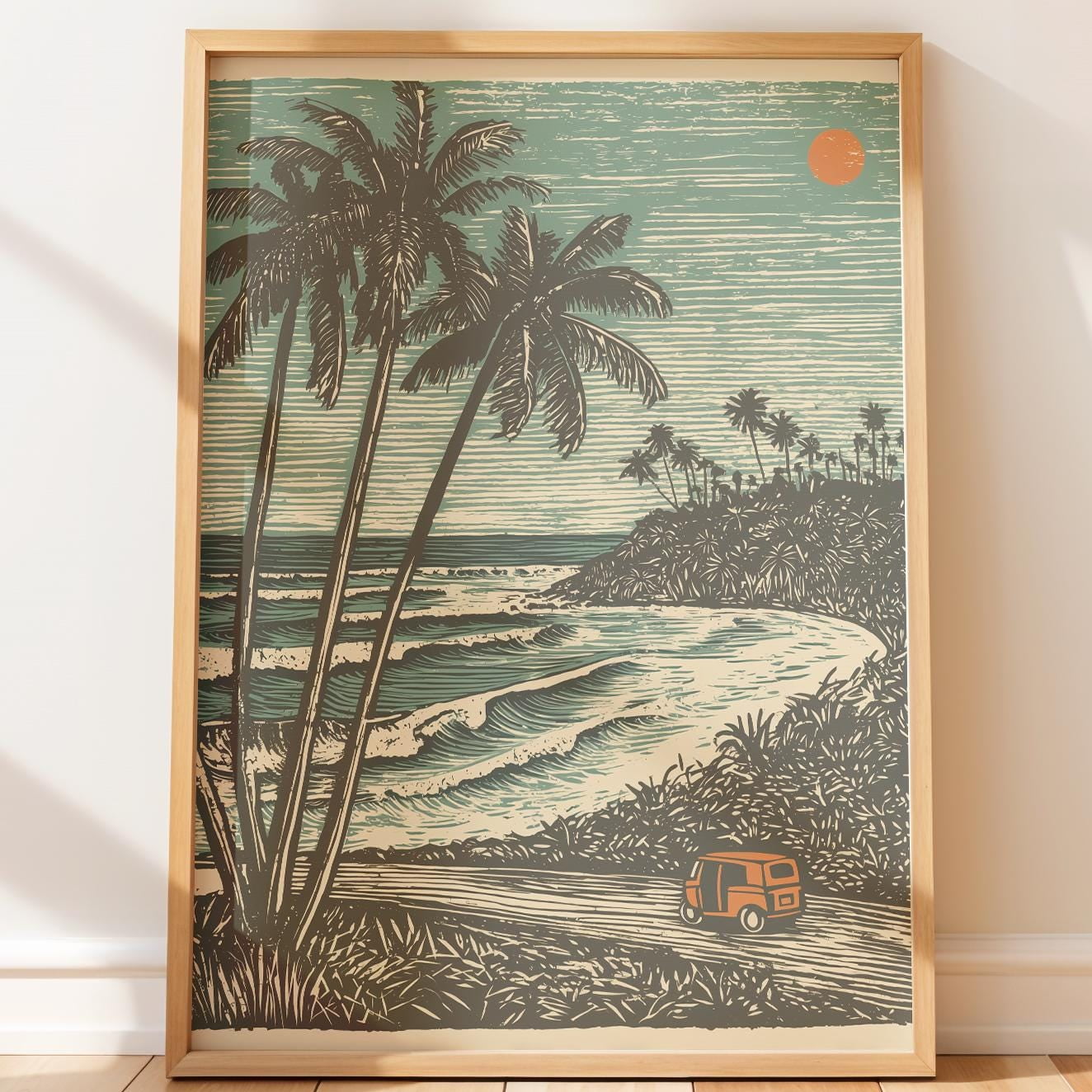 Retro Lino Travel With Palm Trees Folk Art Of Sri Lanka Coast Vintage Illustration Decorative Wall Art Poster , Poster Print Only