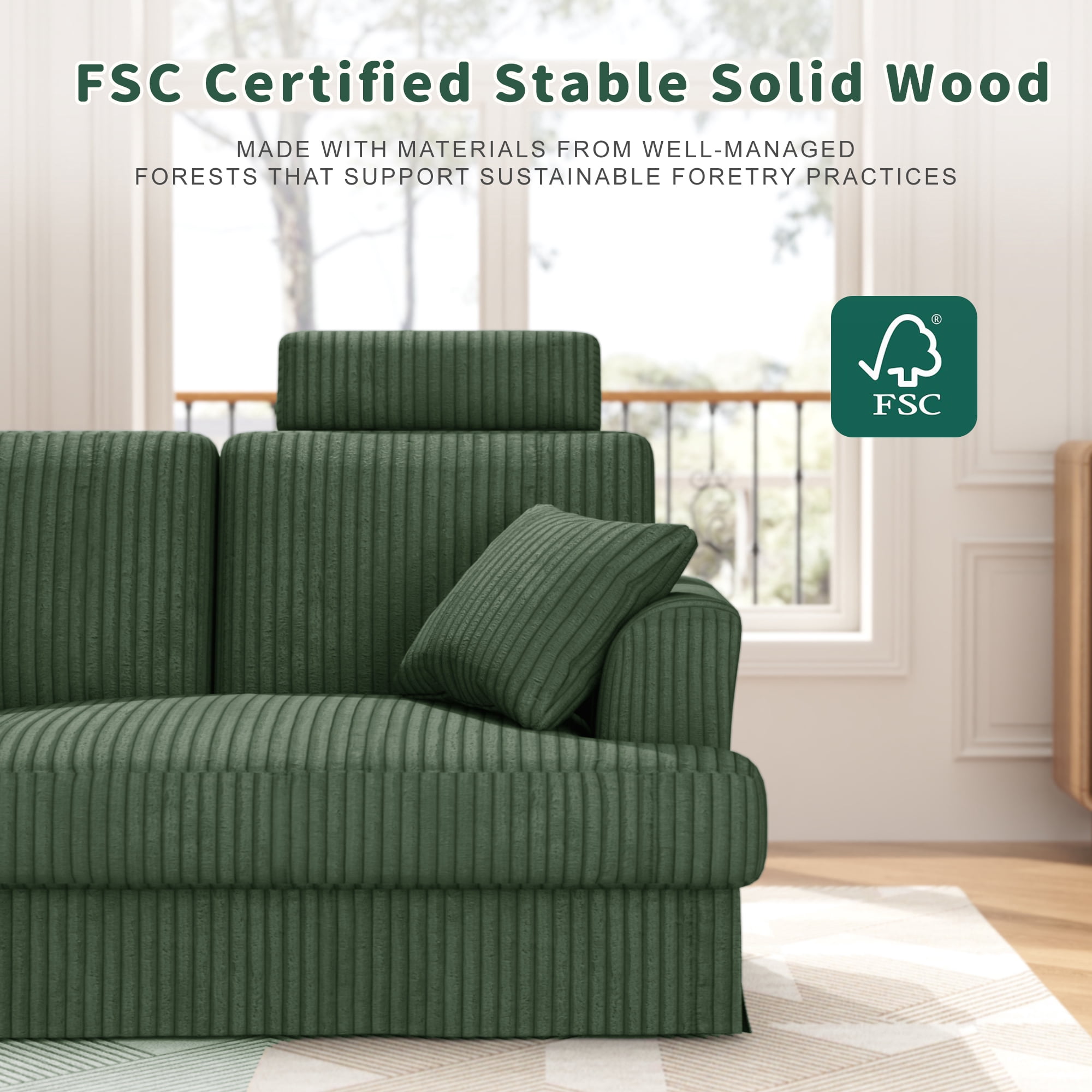 87.5" Corduroy Sofa Couch for Living Room, 3 Seater Sofa in a Box, Headrest, 2 Pillows,Green