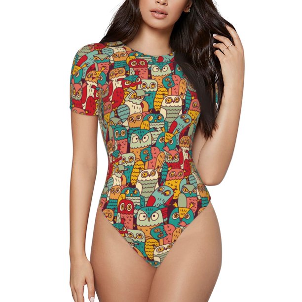 Fotbe Funny Owl Bird Body de Mujer con Cuello Redondo y Mangas Cortas, Sin Mangas Ajustado, Suave, Cómodo y Básico-Small