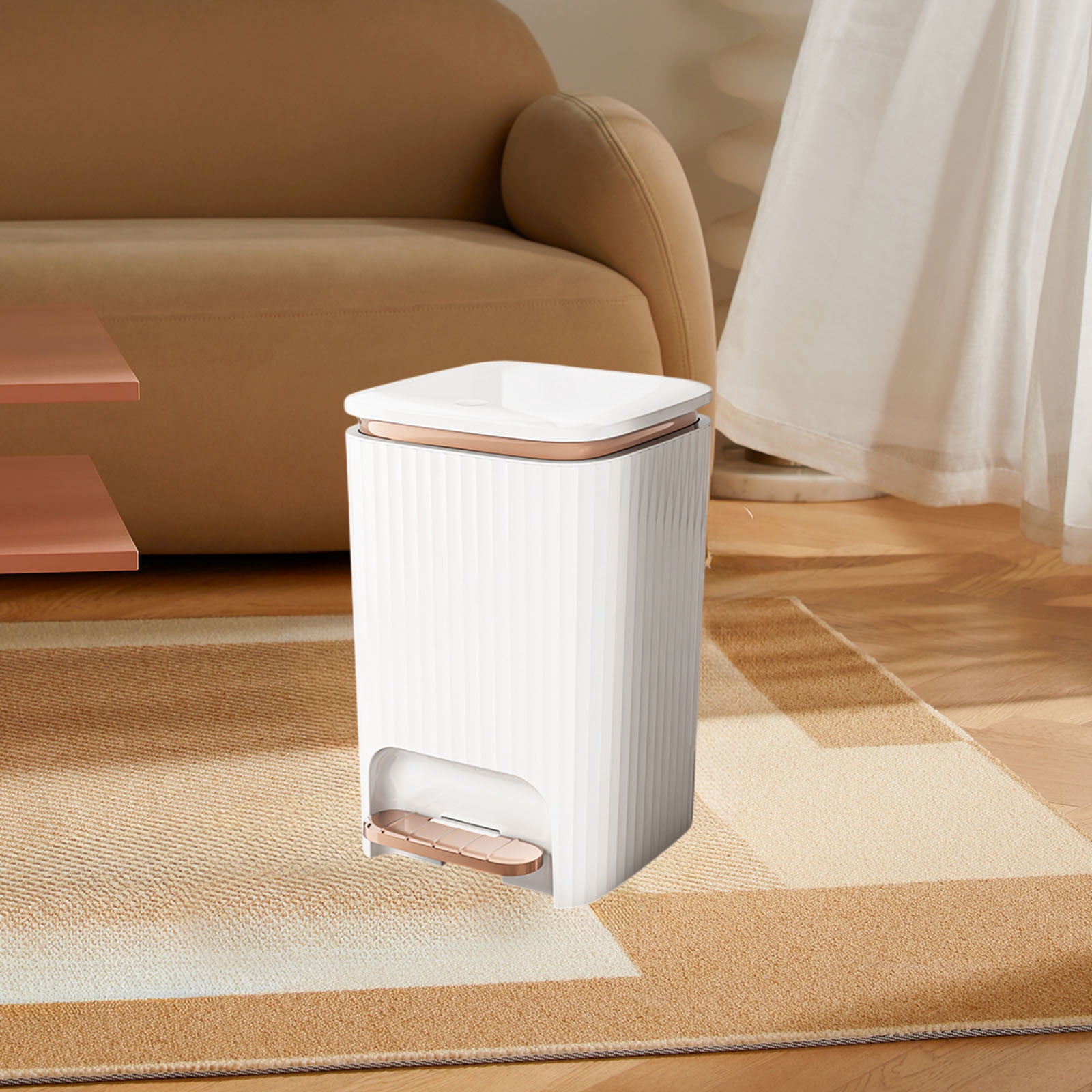 Under $20 9/12 Liter Large Capacity Trash Can Square Plastic Garbage Can with Lid, Step Pedal Trash Can for Living Room, Bedroom, Kitchen, Bathroom(White + Gold, 12L)