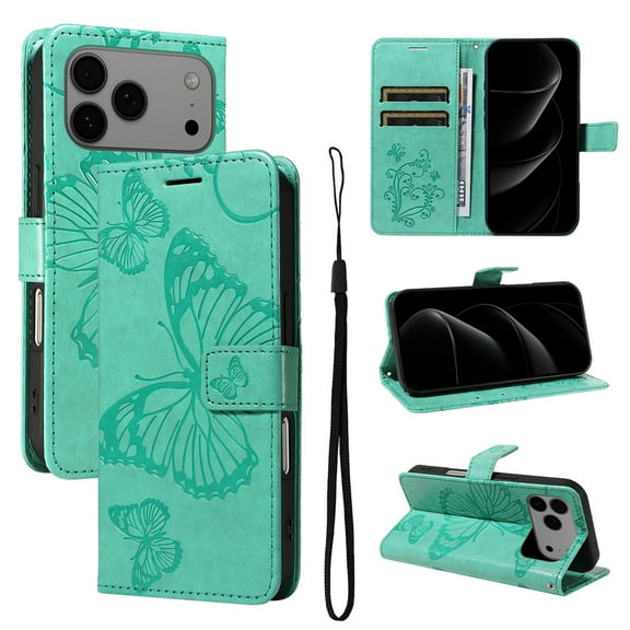 Decase Wallet Case Compatible with iPhone 17 Pro Max, Embossed Butterfly PU Leather Case Flip Protective Phone Cover with Card Slots and Kickstand,Green