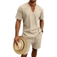 thumbnail image 2 of BLTIBY Mens Summer Linen 2 Piece Outfits V Neck Short Sleeve T-Shirts and Drawstring Shorts Casual Loose Beach Loungewear with Pockets Khaki XL, 2 of 9