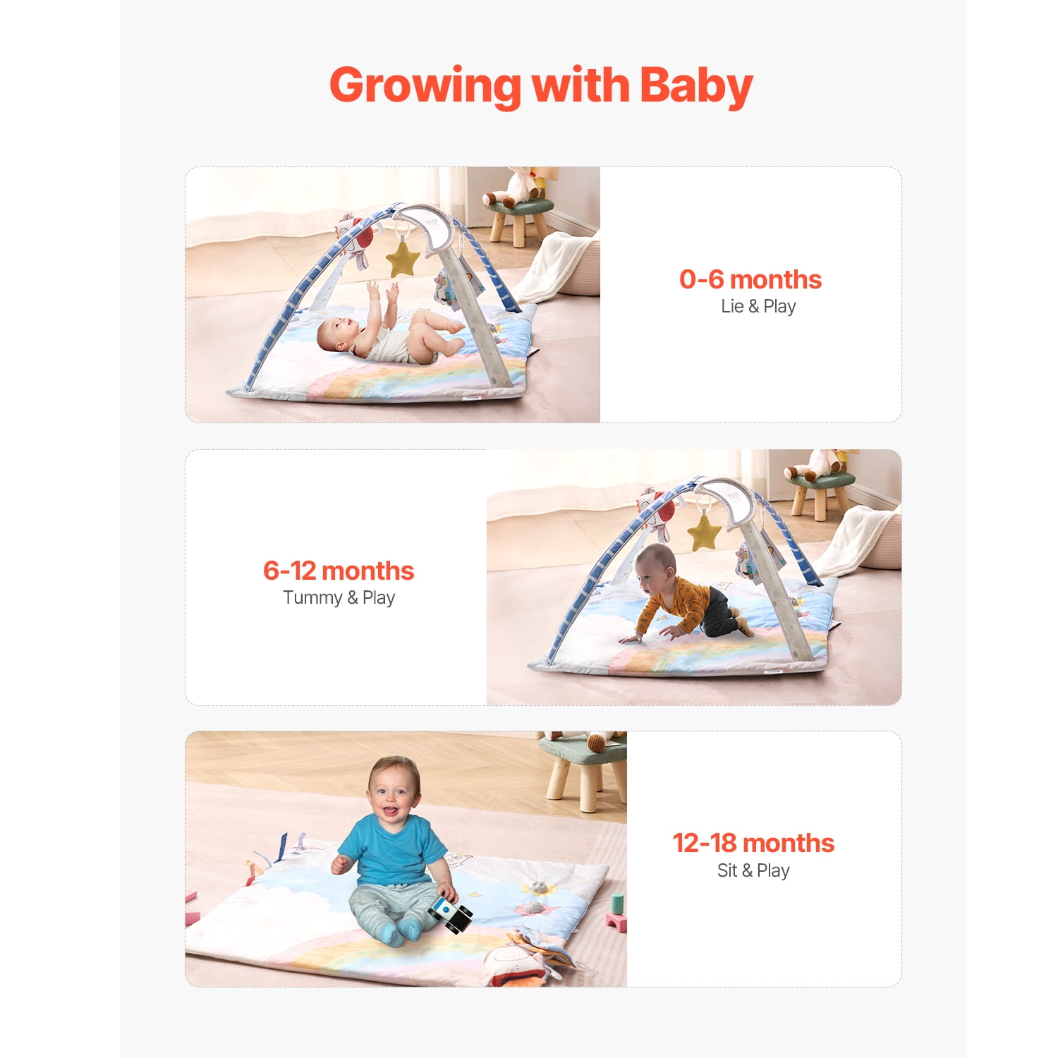 KFFKFF Infant Play Mat, Belly Time Mat with Half a Dozen Interactive Toys, Infant Activity Mat with Illuminated Melodic Spaceship Toy for Newborns Aged 0-18 Months, Essential Present