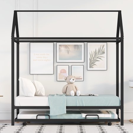 Solid & Sturdy Metal Tent Bed with Roof and Twin Size Trundle Design for Toddlers, Twin Size House Beds with Pull-Out Structure, Metal Loft Bed Frame Bedroom Furniture for Girls Boys(Black)