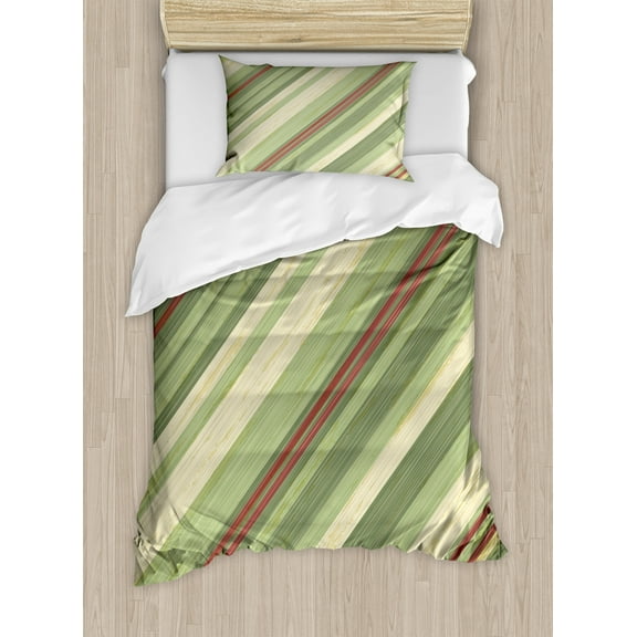 Vintage Duvet Cover Set, Red Green Diagonal Stripes on Old Aged Design Grungy Background Abstract Print, Decorative 2 Piece Bedding Set with 1 Pillow Shams, Twin Size, Cream Green Red, by Ambesonne