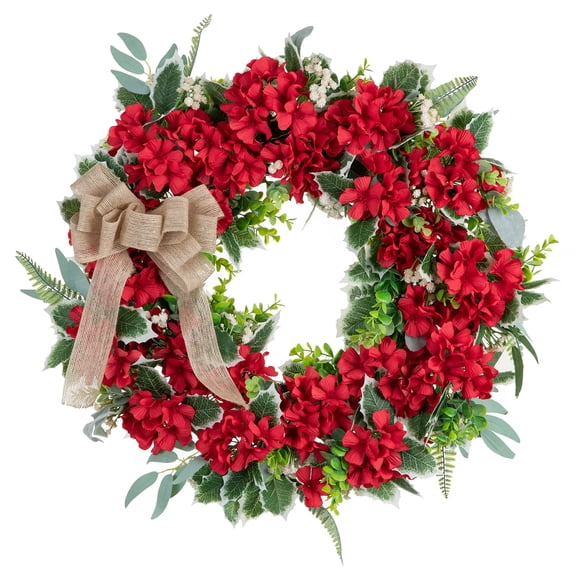 NUPTIO Summer Red Front Door Wreath - 24 Inch Red Geranium Spring Summer Wreath for Front Door Porch Wall Window Farmhouse Decor