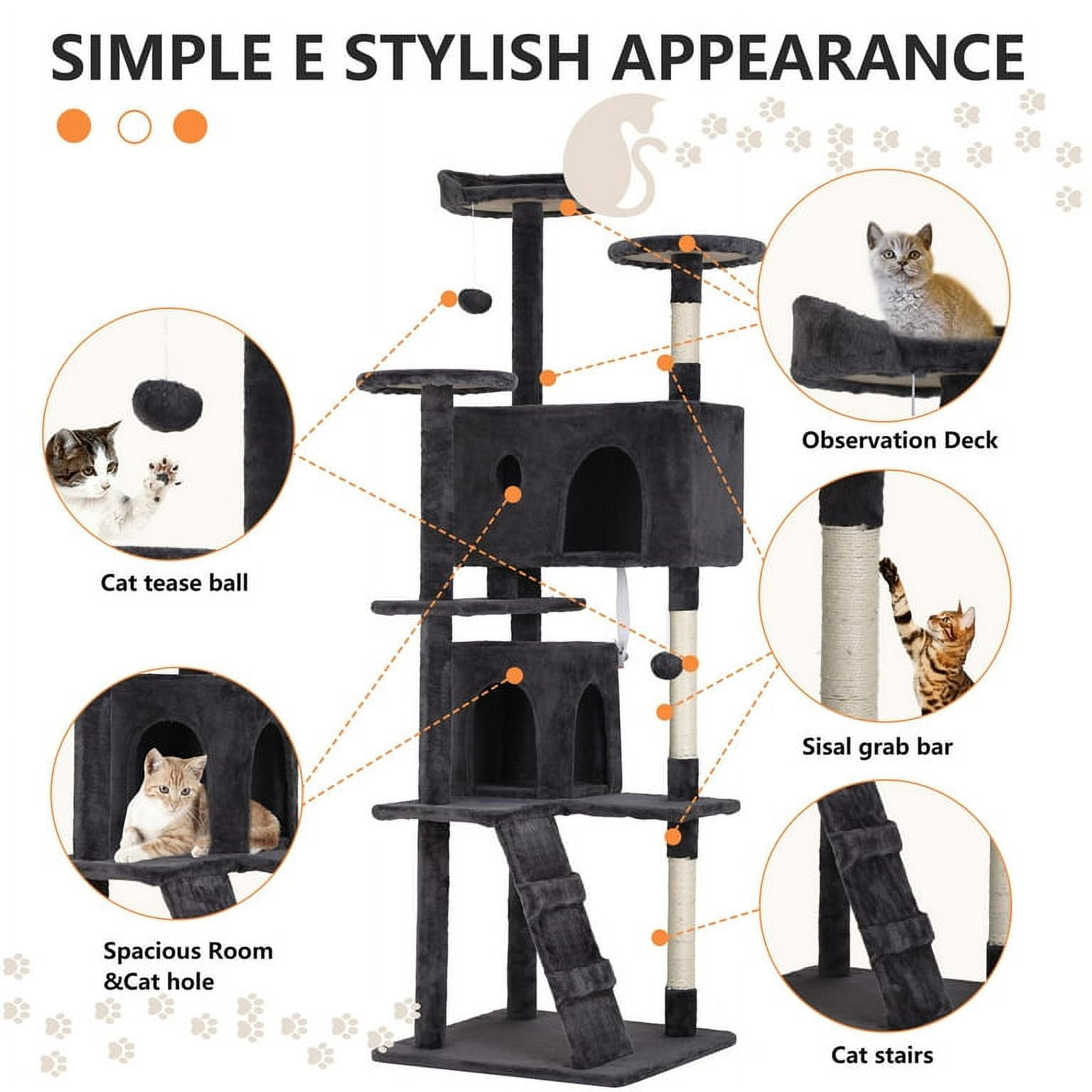NiamVelo 70 inch Cat Tree Tower Furniture Cat Condo with Scratching Post for Indoor Kittens, Dark Gray